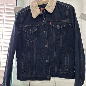 Levi Dark Denim Trucker Jacket with Sherpa collar